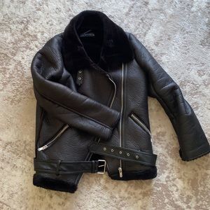 Zara faux black shearling moto jacket